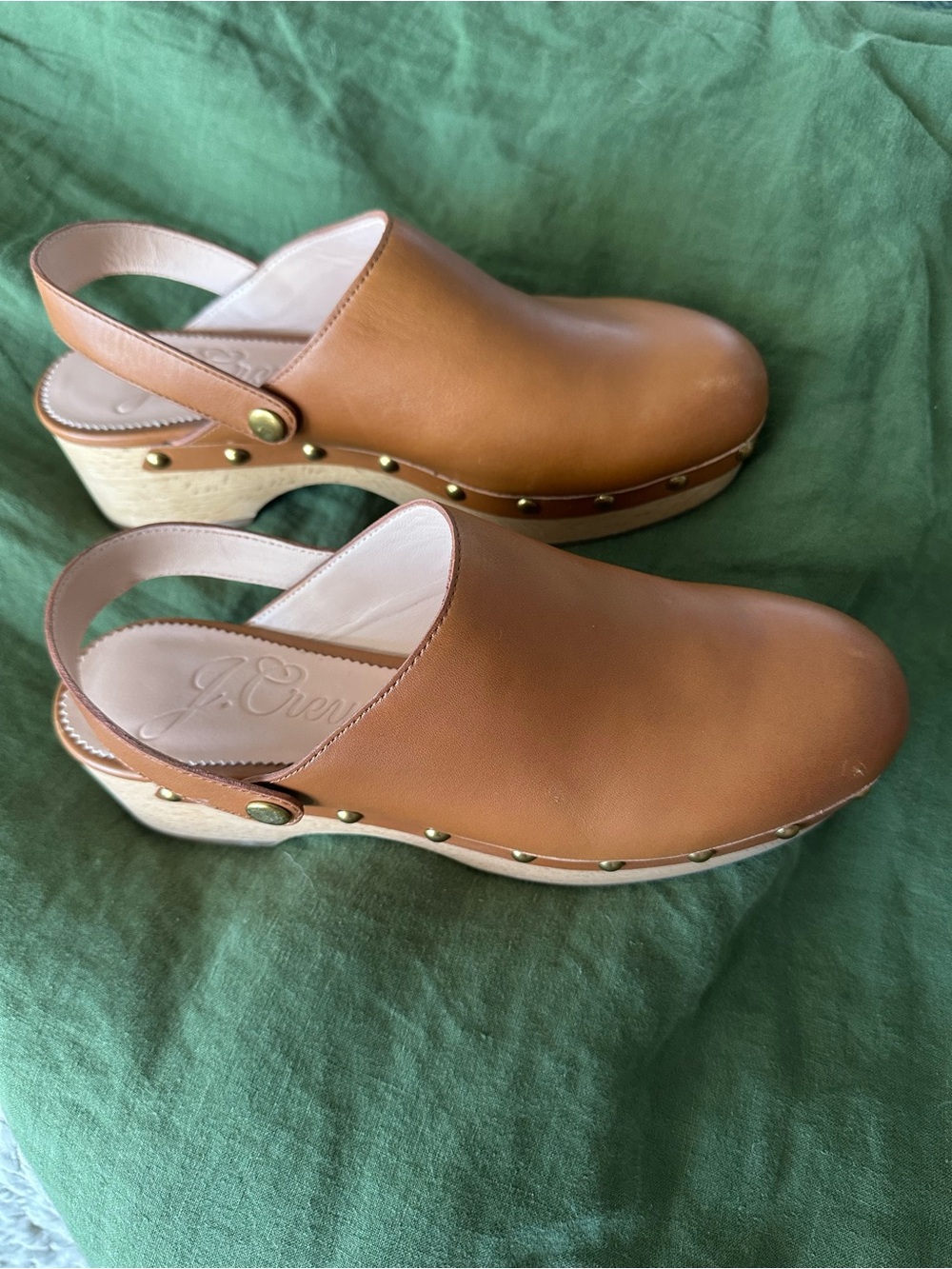 J. Crew Tan Leather Slingback Clogs brass studs